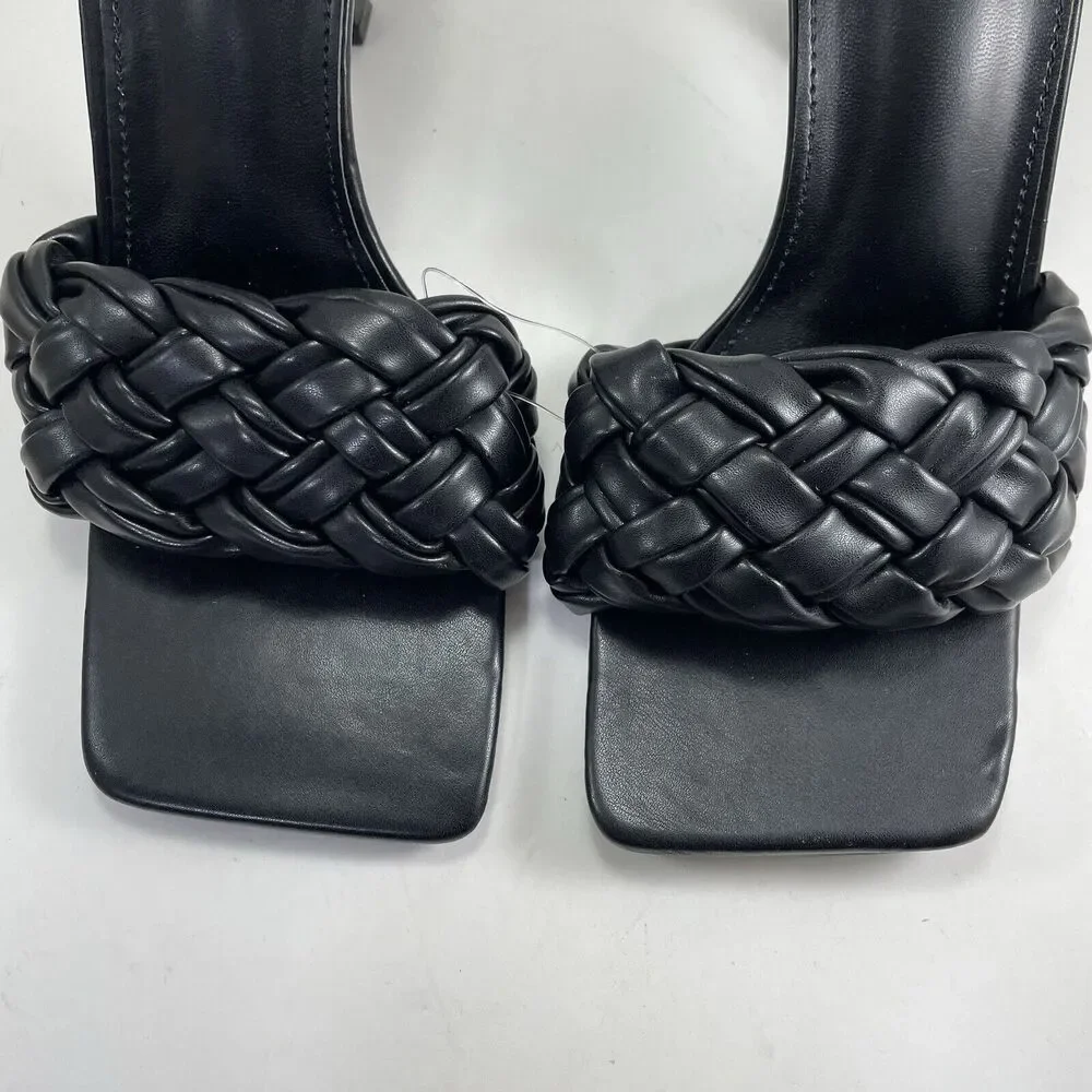 Braided Vegan Leather Square Toe Sandals 4” Womens 6/8.5/9 Black Bella Marie New